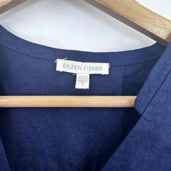 Eileen Fisher Womens Irish Linen Tunic Button Down Shirt V‎ -Neck Navy Blue Sz S - Picture 3 of 7